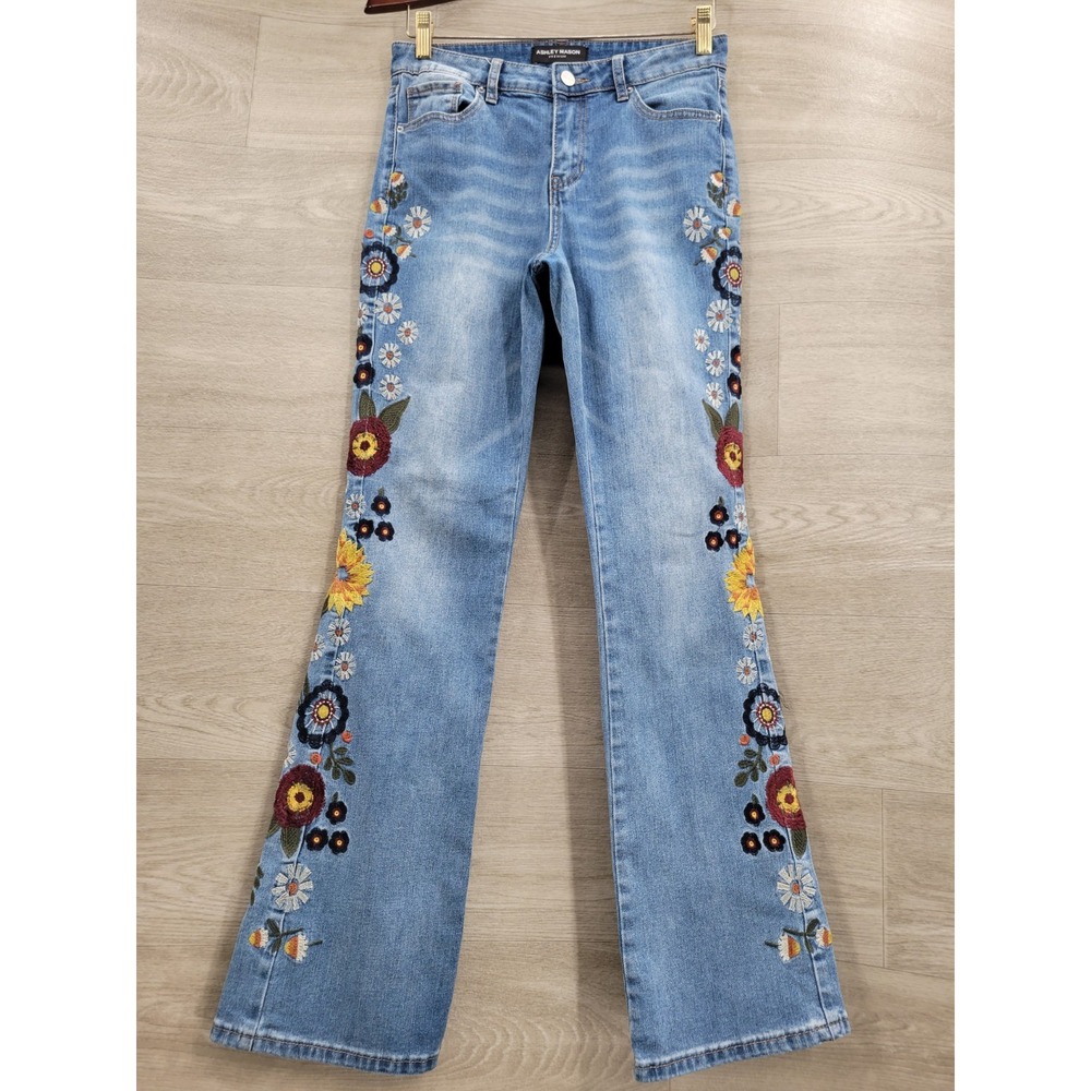 Ashley Mason Juniors 5/27 Blue Floral Embroidered Flare Stretch Jeans